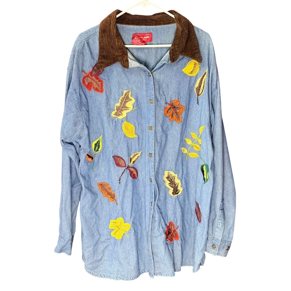 Venezia Jeans Denim Shirt Womens 26/28 Blue Fall Embroidered Leaf Corduroy Top